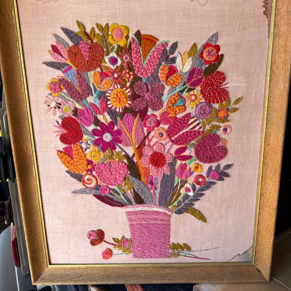 Vintage Rare 1970’s Paragon Completed Framed Crewel Embroidery Fanciful Flowers